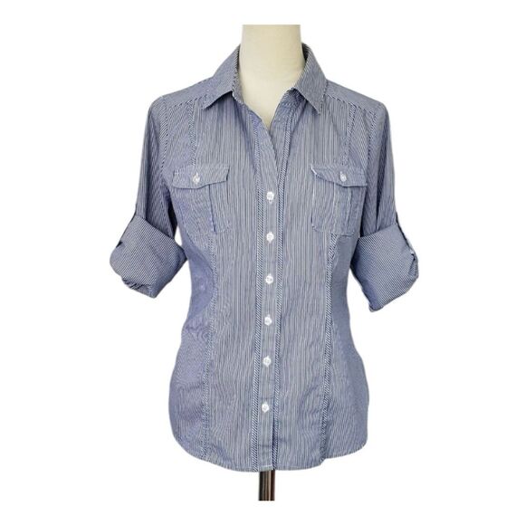 ✨White House Black Market Stripe Poplin City Camp Button Down Sz 8 Shirt✨ - Picture 4 of 11